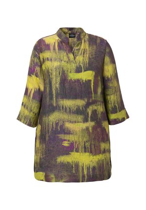Multikleurige tuniek met een mandarinnekraag. Heeft een abstract paars en geel patroon. Gemaakt van een lichte stof, met driekwart mouwen.