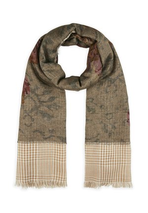 Longue écharpe marron avec des motifs floraux subtils et des extrémités à franges à carreaux beige, présentée pliée sur fond blanc.