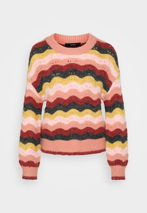 Gebreide trui met een golvende gestreepte patroon in roze, rood, geel en grijze tinten. Ronde hals en geribbelde manchetten met een gestructureerde afwerking.