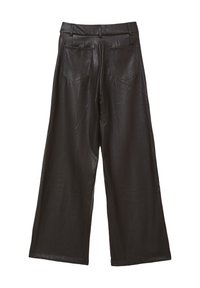 Black leather wide-leg trousers with a shiny texture, featuring two back pockets and a high waist design.