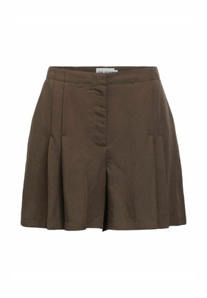 Jupe plissée marron longueur genou avec une taille haute et une fermeture éclair à l'avant, fabriquée en tissu texturé.