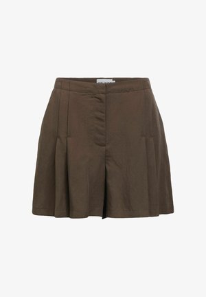 Jupe plissée marron longueur genou avec une taille haute et une fermeture éclair à l'avant, fabriquée en tissu texturé.