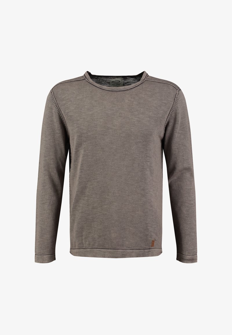 Camisa de manga larga marrón en una tela suave y texturizada con cuello redondo y detalles cosidos. Presenta una pequeña etiqueta de marca en el lado inferior.