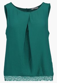 Blusa senza maniche turchese, tessuto liscio con dettaglio a pieghe sul davanti. La parte inferiore presenta un bordo in pizzo. Collo rotondo, vestibilità comoda.