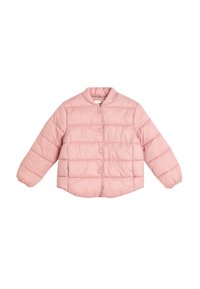 Rosa pufjakke med rund krave, trykknaplukning, quiltet design og lange ærmer. Glat tekstur, afslappet pasform og ingen synlige mønstre.
