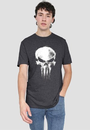 Dark gray cotton t-shirt featuring a large, distressed white skull graphic on the front. Short sleeves and crew neckline. Casual fit.