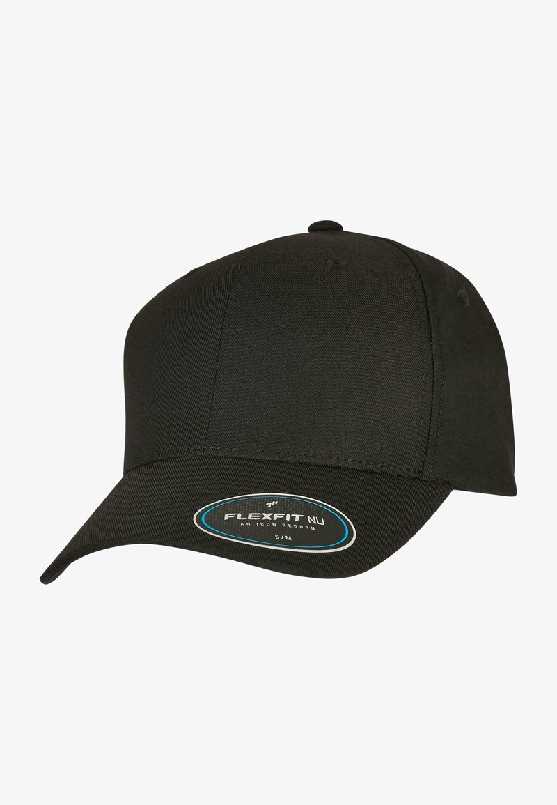 Black cap made of fabric with a curved visor. Features a Flexfit logo and size label, with stitched accents and ventilation eyelets.