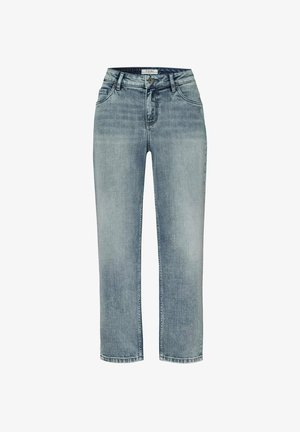 Helles blauer Denim-Jeans mit geradem Bein, fünf Taschen und sichtbaren Nähten. Der Stoff hat eine weiche Textur und eine leichte Ausbleichung.