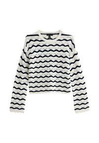 Maglione all'uncinetto con un motivo ondulato navy e bianco. Dotato di maniche lunghe, scollatura rotonda e polsini e orlo a coste.