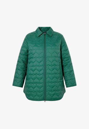 Zelená prošívaná bunda s šitím ve tvaru srdce, dlouhými rukávy, límcem a předním zapínáním na zip.