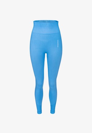 Zilas augsta jostasvietas zeķbikses, izgatavotas no elastīga auduma, ar gludu tekstūru un minimālistisku dizainu, ar smalku logotipu sānos.