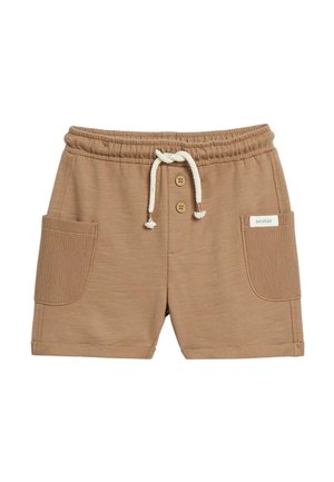 Bruine peutershort met elastische tailleband, wit trekkoord, twee voorzakken en twee knopen onder de taille.