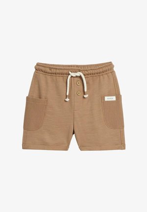 Bruine peutershort met elastische tailleband, wit trekkoord, twee voorzakken en twee knopen onder de taille.
