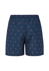 Námornícke plavkové šortky s ružovým vzorom palm, vyrobené z textúrovanej látky. Majú elastický pás a zadnú vrecko.