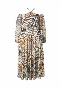 Robe maxi en tissu léger arborant un imprimé animalier dans des tons beige, marron et noir. Design épaules dénudées avec manches bouffantes.