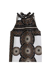Top sin mangas con un patrón geométrico en blanco y negro, que presenta diseños circulares en marrón y crema. Se ata en la parte posterior del cuello.