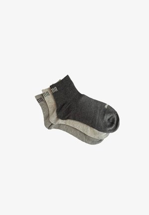 Three pairs of ankle socks in dark gray, light gray, and beige, stacked on a white background.