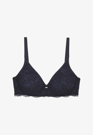 Czarny koronkowy biustonosz z kwiatowym wzorem, regulowane ramiączka i mała ozdobna kokardka na środku przodu, przedstawiony na białym tle.