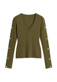 Maglia verde oliva a maniche lunghe con scollatura a V, caratterizzata da dettagli decorativi con bottoni lungo le maniche. Tessuto liscio, design aderente.