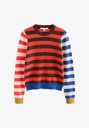 Daugiaspalvis dryžuotas megztinis, pagamintas iš minkštos medžiagos. Jame yra ryškūs raudoni, rudi, mėlyni ir kreminiai dryžiai, su kanalėlių apykakle ir apačia.