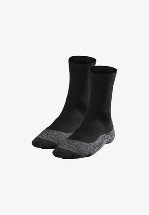Schwarze Crew-Socken mit gerippten Bündchen und einem grauen Akzent an den Zehen- und Fersenbereichen. Hergestellt aus einem glatten, strapazierfähigen Stoff.