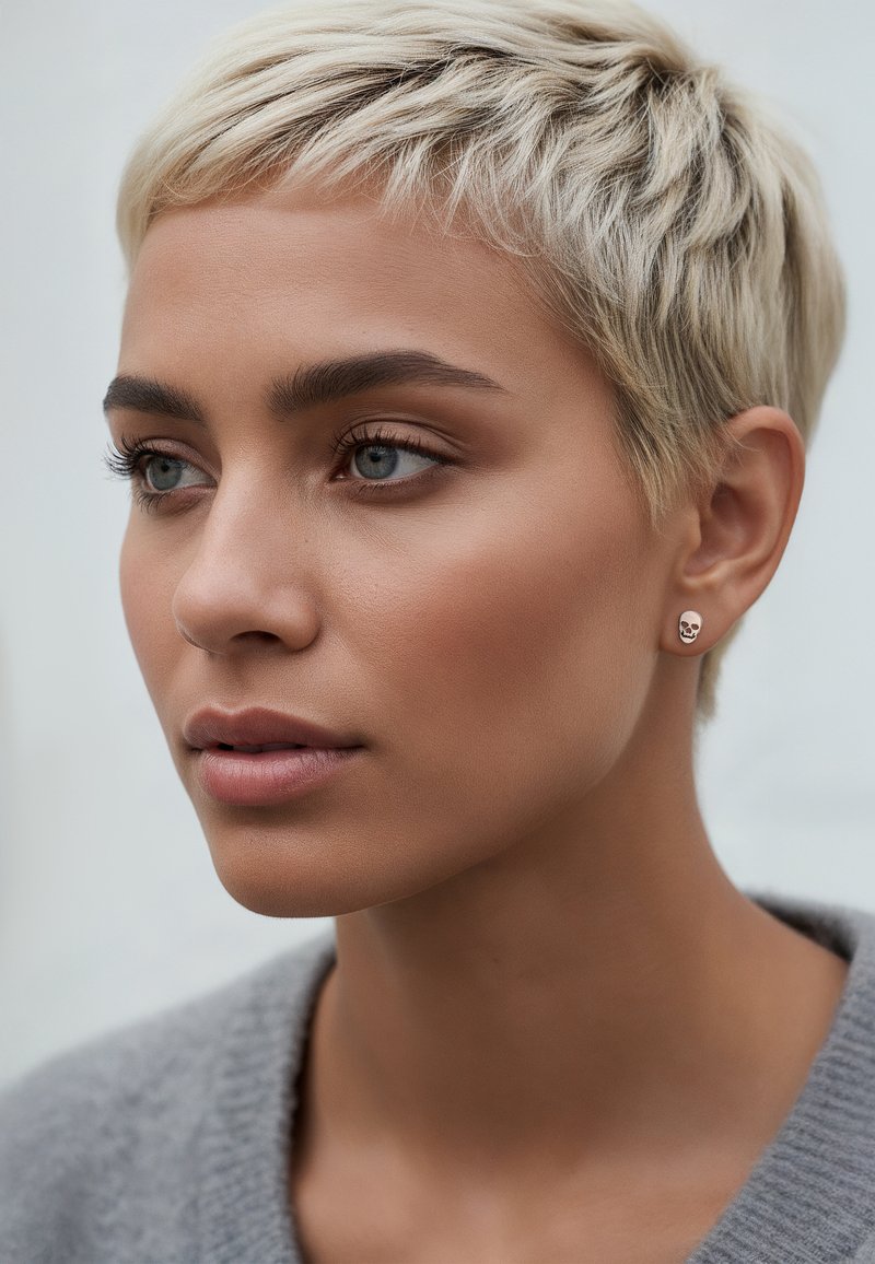 Nahaufnahme eines Gesichts mit kurzen blonden Haaren. Es hat einen silbernen Totenkopf-Studiowellen. Der Hautton ist warm, mit dezentem Make-up und einem grauen Pullover.