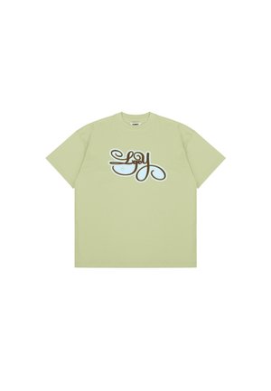 Light green cotton t-shirt featuring a prominent brown and blue stylized logo design on the front; short sleeves and crew neckline.