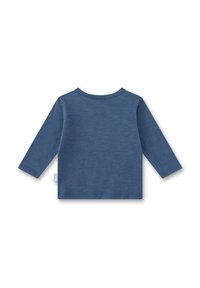 Langärmliges Shirt in einfarbigem Blau, aus weichem Stoff gefertigt. Hat einen runden Halsausschnitt und einfache Nähte entlang der Ränder.