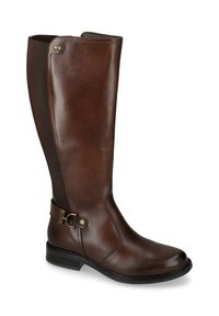 Stivale in pelle marrone al ginocchio con pannello elastico laterale, punta rotonda, tacco medio e decorazione con fibbia. Texture liscia, design semplice.