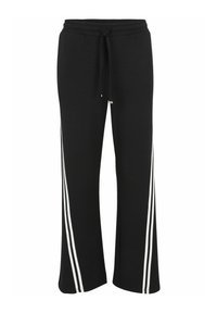 Schwarze Jogginghose mit lockerer Passform, ausgestattet mit zwei weißen Seitenstreifen, einem elastischen Bund mit Kordelzug und einem weichen Stoffgefühl.