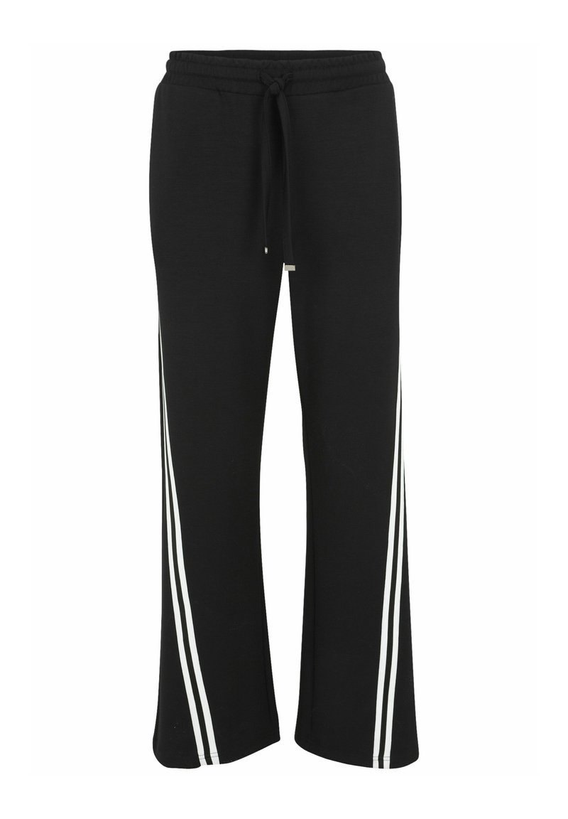 Schwarze Jogginghose mit lockerer Passform, ausgestattet mit zwei weißen Seitenstreifen, einem elastischen Bund mit Kordelzug und einem weichen Stoffgefühl.
