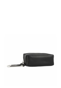 Black leather keychain pouch with a rectangular shape, silver zipper, and a metal clip. Smooth texture and minimalistic design.