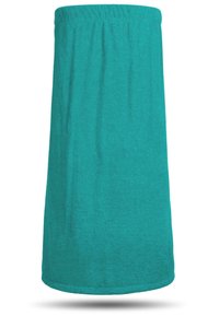 Türkiser Frottierstoff-Wickel mit elastischem Oberteil, knielangem Schnitt, glatter Textur und ohne sichtbare Muster oder Akzente.