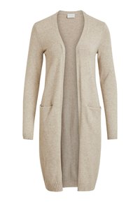 Beige stickad cardigans med V-hals, långa ärmar, öppen framsida, två framfickor och ribbade ärmslut. Mjukt material med en subtilt mönster.