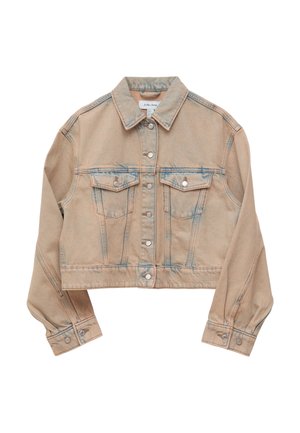 Lysebeige cowboyjakke med falmede blå detaljer, knappelukning foran, to brystlommer med klap, lange ærmer og tilpasset talje.