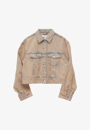 Lysebeige cowboyjakke med falmede blå detaljer, knappelukning foran, to brystlommer med klap, lange ærmer og tilpasset talje.