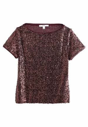 Top bordeaux à manches courtes avec sequins, col rond et bordure en tissu lisse autour du col et des manches.