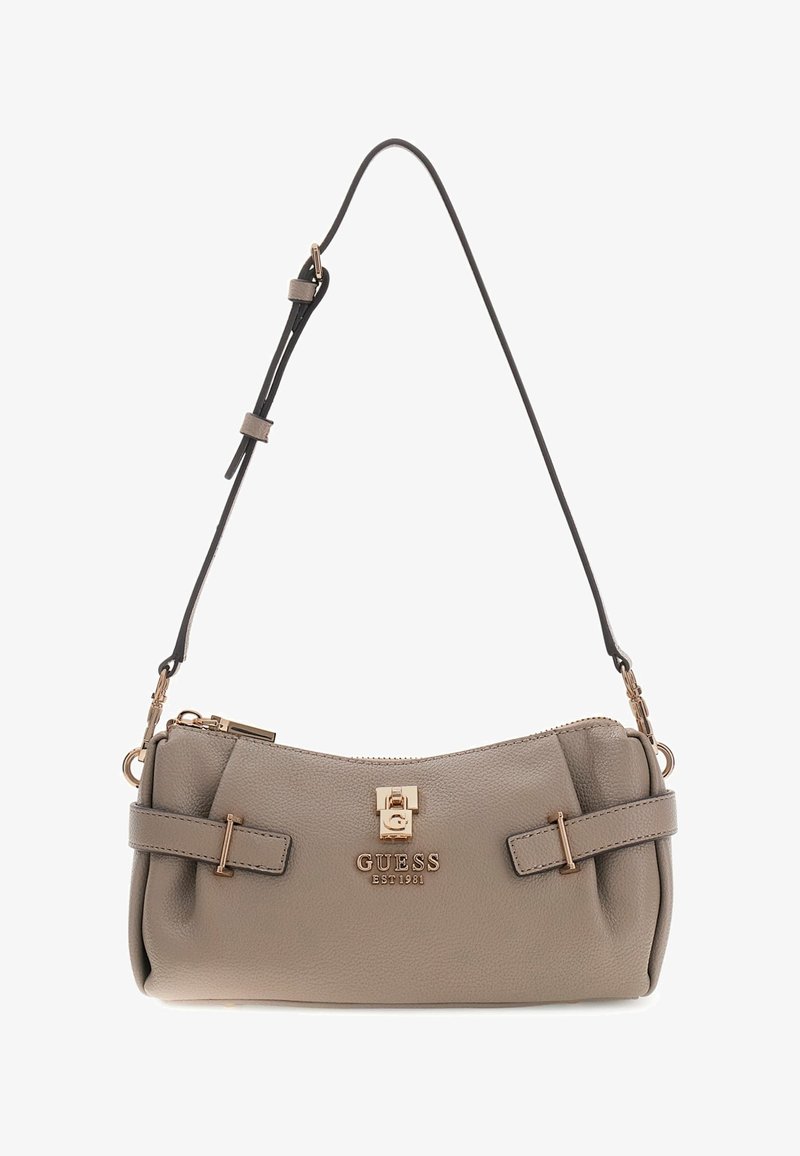 Szara torebka z ekoskóry z zamkiem błyskawicznym, dwoma akcentami, regulowanym paskiem i złotymi okuciami z logo "GUESS" z przodu.