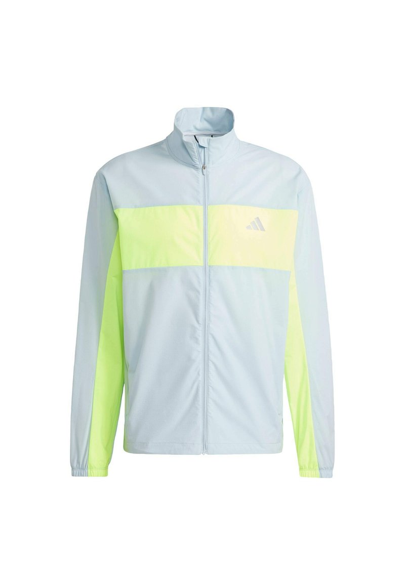 Hellblaues Jacket mit einem neongelben horizontalen Streifen über der Brust. Verfügt über einen Stehkragen und einen durchgehenden Reißverschluss. Hergestellt aus leichtem, glattem Material.