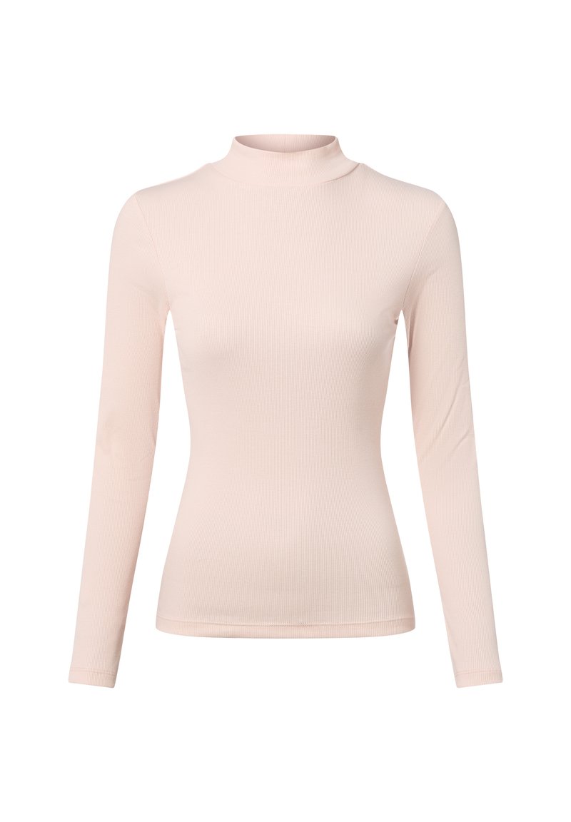 Helles pinkfarbener Langarm-Turtleneck aus geripptem Stoff mit schmaler Passform. Mit hohem Kragen und strukturierter Oberfläche.