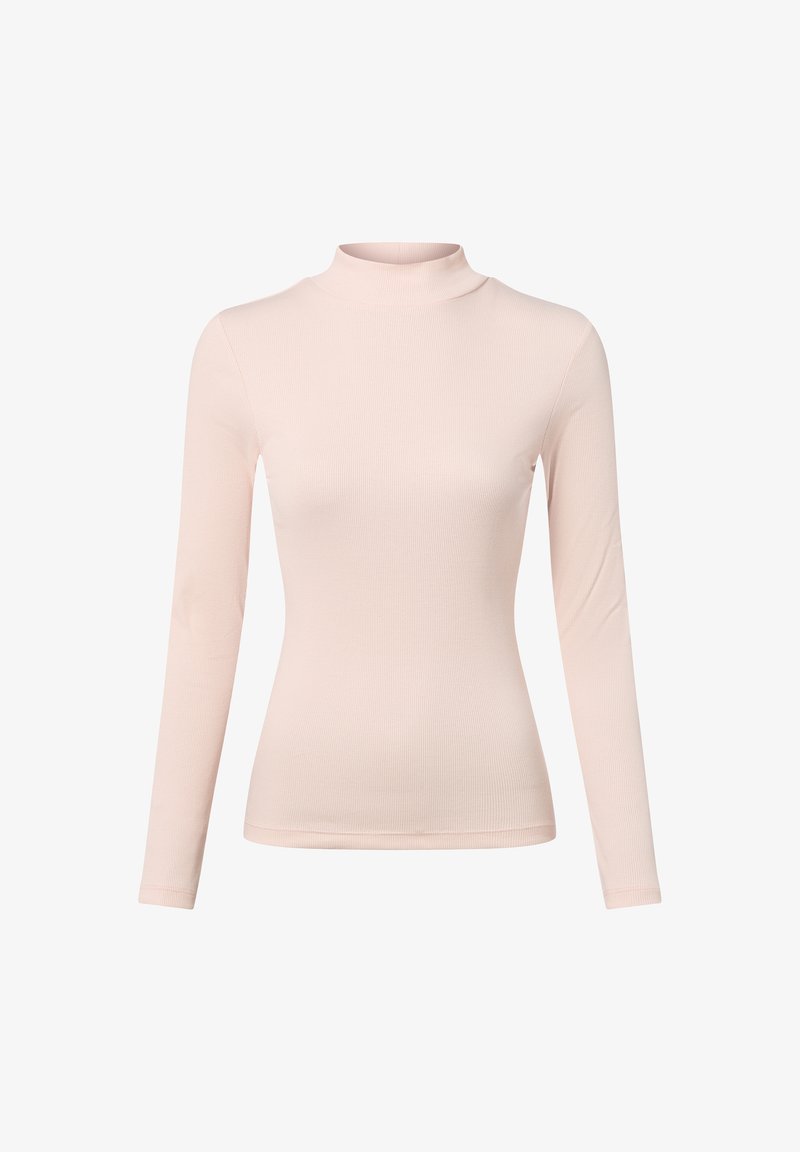 Light pink long-sleeve turtleneck top made of ribbed fabric with a fitted design. Features a high neckline and a textured finish.