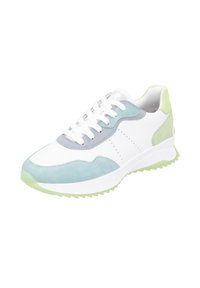Sneaker bianco con accenti azzurri e verde menta, realizzato in materiali scamosciati e in rete, con punta rotonda e suola in gomma verde testurizzata.