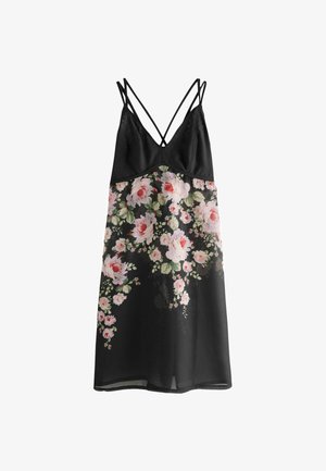 Sort floral slipdress med justerbare spaghetti-stropper. Har et gennemsigtigt blomstermønster af pink roser og grønne blade på stoffet.
