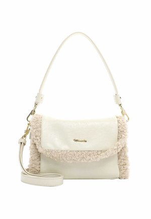 Sac à main blanc avec un accent en fourrure texturée crème, un corps en cuir lisse et une bandoulière amovible. Doté de quincaillerie dorée et d'une fermeture à rabat.