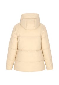 Béžová péřová bunda s kapucí, která má prošívaný design, viditelné švy a volný střih pro teplo a pohodlí.