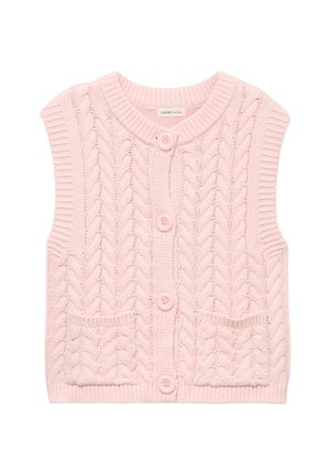 Roze gebreid mouwloos vest met kabelpatroon, vier knopen aan de voorkant, twee kleine voorzakken en geribbelde randen.