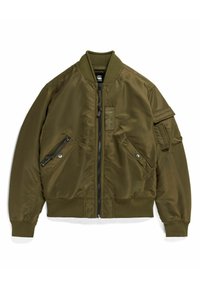 Veste bomber vert olive en nylon lisse, dotée de poignets et d'ourlet côtelés, de fermeture éclair et de plusieurs poches zippées.