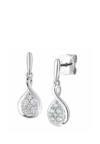 Strieborné náušnice vo forme kvapiek s dizajnom slučky a trblietavým, kruhovým súborom čírych kameňov na lesklom povrchu.
