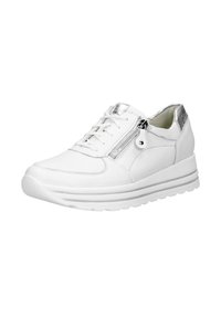 White leather sneaker with silver accents, featuring laces, a side zipper, and a textured finish. The sole is slightly elevated and cushioned.