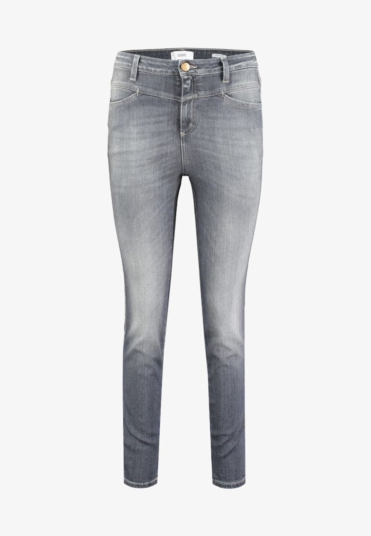 Jean en denim gris coupe slim avec des zones décolorées, poches avant, passants de ceinture et fermeture par bouton.